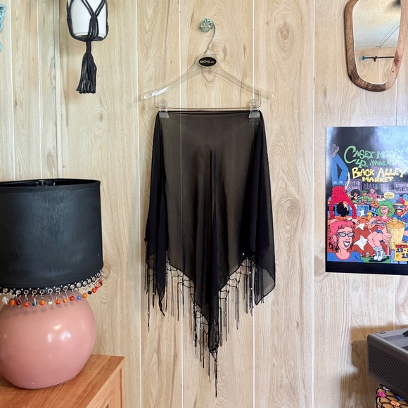 Black Sheer Silver Bead Fringe Scarf Wrap 2000s - Picture 4 of 7